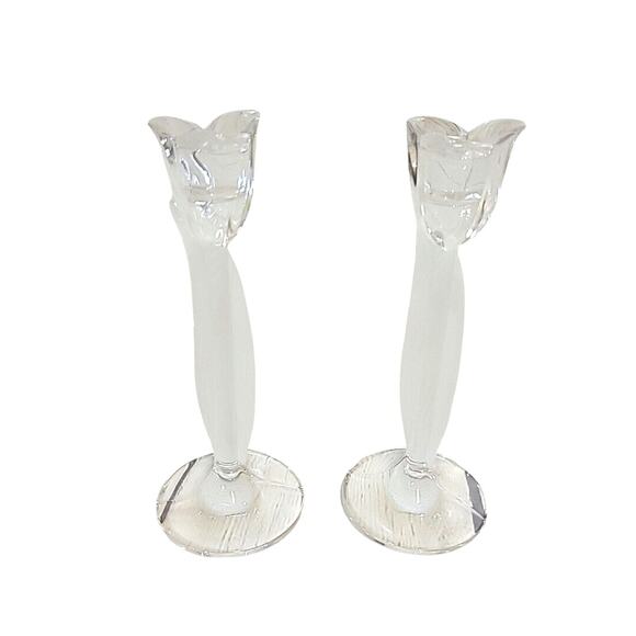 Stem Rose Petal Candle Holders Pair Clear Glass Frosted - Picture 1 of 3